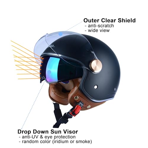 Open Face Retro Vespa Helmet for Adults, DOT Approved, Dual Visors Motorbike Casco for Men and Women
| 3/4 Open Face He